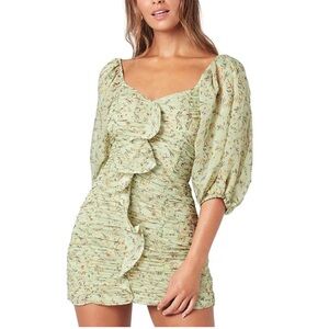 MINKPINK Light Green Floral Puff Sleeve Mini Dress